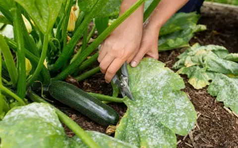 Mains coupant une feuille blanche de courgette atteinte de mildiou. Une courgette verte est visible à côté.