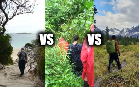 Trzy sceny: człowiek na plaży, dwie osoby w deszczu, mężczyzna w górach. **Trekking vs hiking** - różne formy aktywnego wypoczynku.