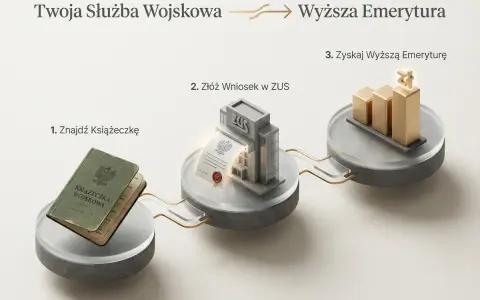 Grafika przedstawia proces: książeczka wojskowa, budynek ZUS z dokumentem, złoty wykres wzrostu.