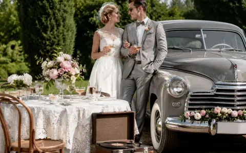 Para młoda w stylu retro przy stole z kwiatami i starym samochodem. Wesele w stylu retro z winylowym gramofonem.