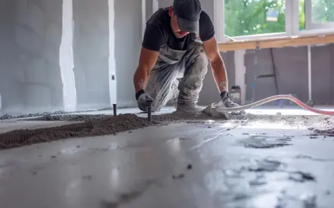 Budowlaniec wylewa betonową wylewkę, wyrównując ją ręcznie.