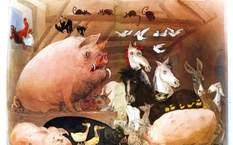La fattoria degli animali, un'allegoria della rivoluzione russa, mostra maiali, cavalli, galline e altri animali in una stalla.