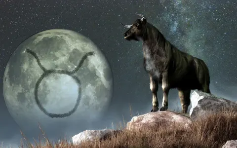 Byk na tle księżyca z symbolem zodiaku. Jego ascendent w byku zapowiada siłę i stabilność.