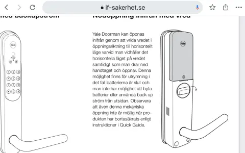 Illustration av Yale Doorman. Beskriver hur man öppnar dörren inifrån vid strömavbrott, och hur man kan byta batteri.