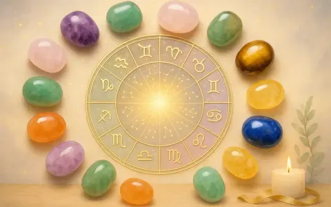 Cerchio zodiacale dorato circondato da pietre colorate, ognuna una pietra segno zodiacale, con una candela accesa.