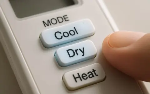 Doigt appuyant sur le bouton "Cool" d'une télécommande de climatiseur. Le mode cool est idéal pour les journées chaudes.