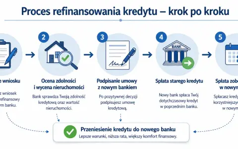Proces przeniesienia kredytu hipotecznego: złożenie wniosku, ocena zdolności, podpisanie umowy, spłata starego kredytu i zobowiązania w nowym banku.