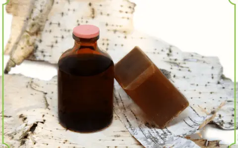 Brązowa buteleczka z płynem i kostka mydła na tle kory brzozowej. Czy to dziegieć? Tak, to naturalne produkty.