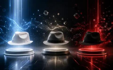 Drei Hüte (weiß, grau, schwarz) schweben über Podesten, umgeben von digitalen Netzwerken und Würfeln. Symbolisiert die verschiedenen Strategien im **white hat seo**.
