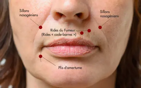 Gros plan sur le bas du visage d'une femme, montrant les sillons nasogéniens, les rides du fumeur et les plis d'amertume.