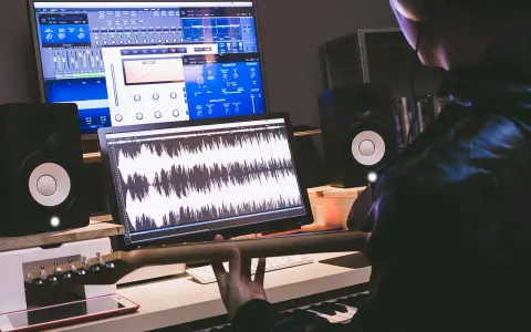 Tworzenie muzyki w domowym studiu. Na ekranach widać programy do edycji dźwięku, a w rękach gitarzysty gryf gitary.