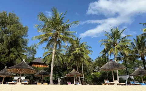 Plaża na Zanzibarze, palmy, leżaki pod strzechą. Wiza na lotnisku Zanzibar już za nami, czas na relaks.
