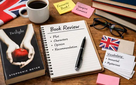 Kawa, książka "Zmierzch", notatnik "Book Review" i karteczki z napisem "Vampire Romance". Idealne miejsce na krótkie opowiadanie po angielsku.