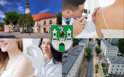 Kolaż: ratusz, dermatolog badający znamię, herb miasta, badanie skóry, ulica w budowie.