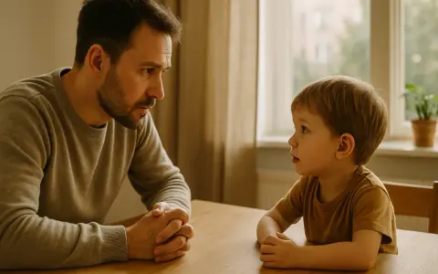 Ojciec poważnie rozmawia z synem przy stole. Chłopiec słucha uważnie, zastanawiając się, co to jest kłamstwo.