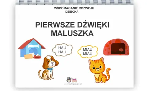 Książeczka "Pierwsze dźwięki maluszka" uczy dzieci odgłosów zwierząt. Dowiedz się, jak grać na drumli, naśladując psa i kota.