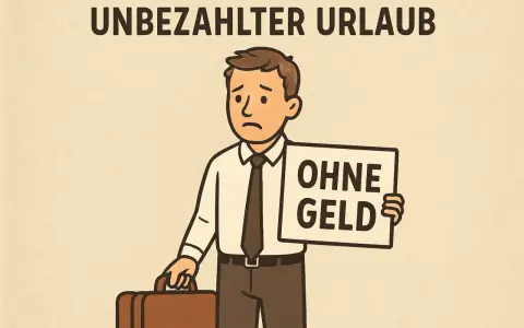 Trauriger Mann mit Koffer und Schild "OHNE GELD". Der Text darüber lautet "UNBEZAHLTER URLAUB". Er symbolisiert das Recht auf unbezahlten Urlaub, der aber ohne Geld nicht genossen werden kann.