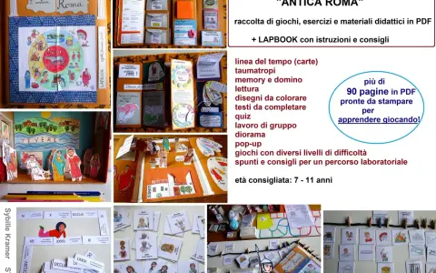 Collage of Roman civilization lapbook and craft projects, including a diorama, cards, and cutouts.
