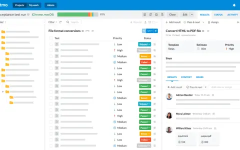 Interfejs test management tools pokazuje listę testów z priorytetami i statusami. Widoczne są wyniki konwersji plików.