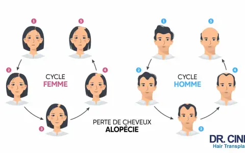 Illustration du cycle de perte de cheveux chez l'homme et la femme, montrant l'impact de la dht hormone sur l'alopécie.