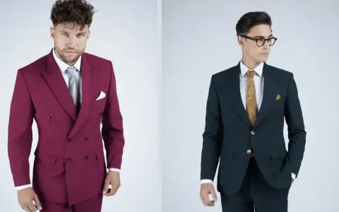 Two men in suits. Left: burgundy double vs single breasted coat. Right: dark green single breasted coat.