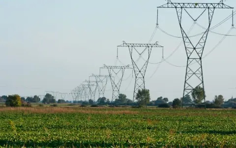 Długa linia napowietrzna ciągnie się przez zielone pole, tworząc imponujący widok.