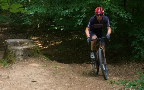 Radfahrer auf einem gravel dm-Pfad im Wald, mit einem Baumstumpf im Vordergrund.