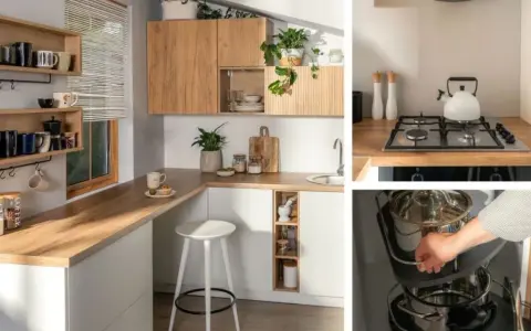 Nowoczesny projekt kuchni gastronomicznej z drewnianymi elementami, funkcjonalnymi półkami i praktycznym systemem przechowywania garnków.