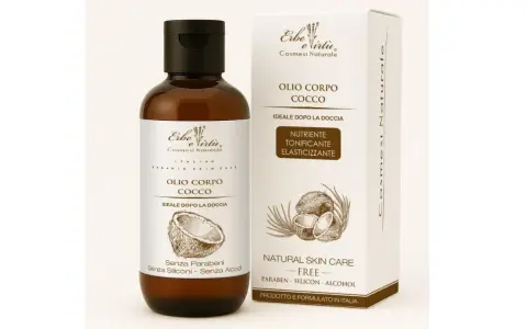 Flacone e scatola di olio corpo al cocco, ideale dopo la doccia, nutriente e elasticizzante. Naturale e senza parabeni.