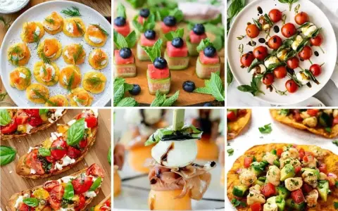 Idealne przekąski na ognisko: mini tartinki z łososiem, szaszłyki z arbuza i ogórka, caprese na patyku, bruschetty, melon z mozzarellą i szynką, quesadillas.