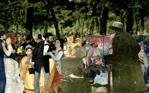 Collage d'œuvres impressionnistes, dont une scène de danse et des convives, évoquant une analyse du Bal du Moulin de la Galette.
