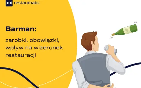 Ilustracja barmana przygotowującego drinki z butelką w tle.