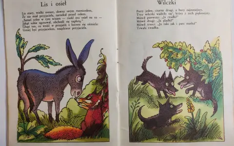 Ilustracje do bajek Krasickiego: lis i osioł, oraz trzy kłócące się wilczki.