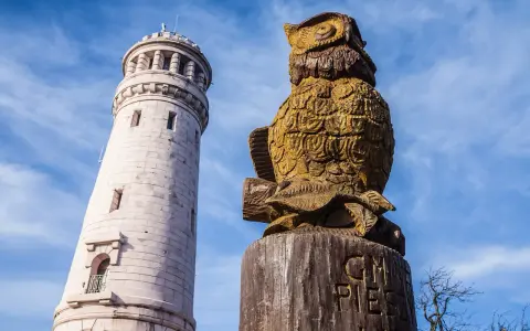 Gdzie są góry? Sowa z drewna i wieża obserwacyjna na tle błękitnego nieba.