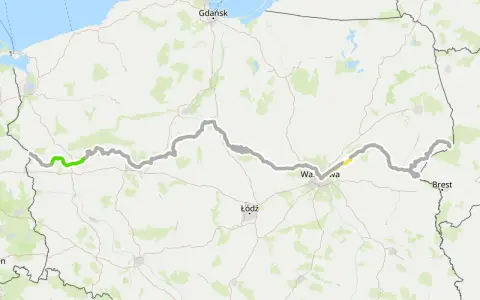 Mapa trasy rowerowej EuroVelo Polska, biegnącej przez Gdańsk, Warszawę i Łódź.