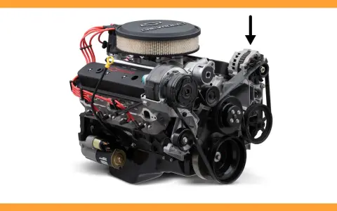 Chevrolet V8 engine with an alternator (arrow pointing). Wondering how long does an alternator last? This component is key to your car's electrical system.