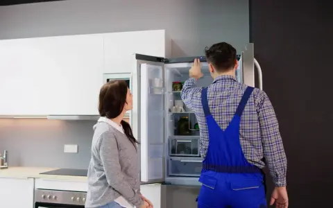 Un technicien en salopette bleue vérifie un frigo qui claque, tandis qu'une femme observe attentivement.