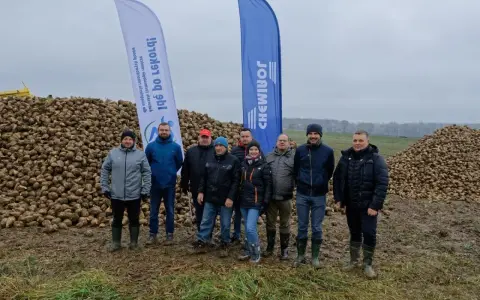 Grupa rolników pozuje na tle ogromnych hałd buraków cukrowych. Wynik tegorocznych zbiorów, pokazujący ile ton buraka cukrowego z hektara, robi wrażenie.