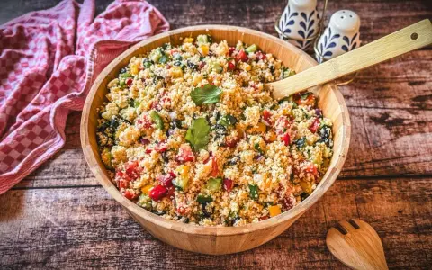 Ein bunter Couscous-Salat mediterran mit Tomaten, Gurken, Paprika und Oliven in einer Holzschüssel, bereit zum Servieren.