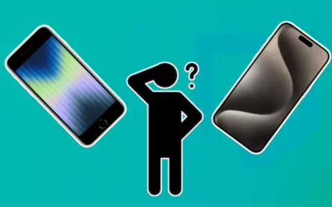 En person funderar vilken telefon har jag. Två iPhones, en äldre modell och en nyare, visas bredvid en tankfull figur.