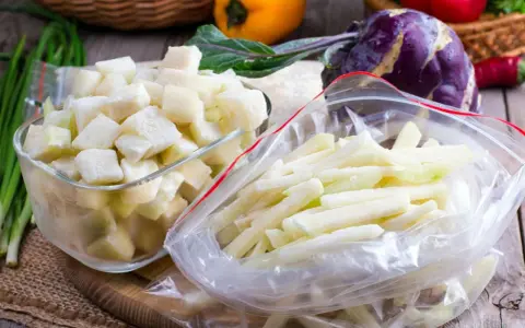 Gefrorene Kohlrabi-Würfel und -Stifte in Gefrierbeuteln und einer Schüssel. Perfekt zum Kohlrabi einfrieren für später.