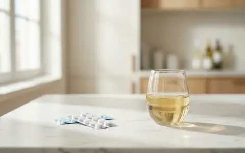 Na blacie leżą tabletki w blistrach, obok kieliszek białego wina. Amotaks i alkohol – niebezpieczne połączenie.