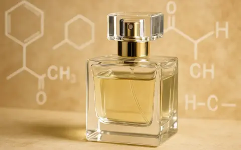 Elegancka butelka perfum na tle wzorów chemicznych, sugerujących aldehydy perfumy.