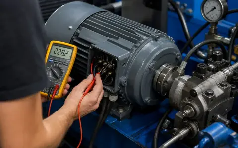 Elektryk sprawdza silnik do łuparki za pomocą multimetru. Urządzenie pokazuje 228.2V.