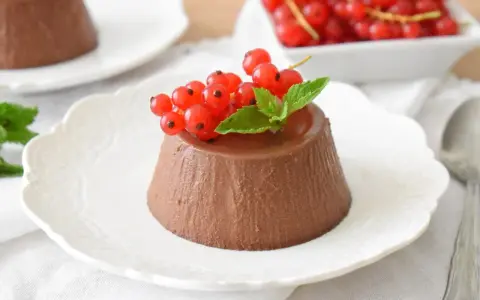 Panna cotta czekoladowa z czerwonymi porzeczkami i miętą na białym talerzyku.