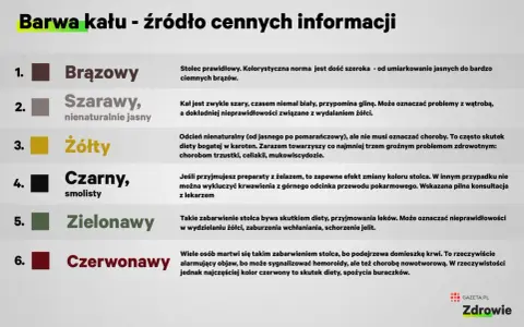 Grafika przedstawia kolory stolca: brązowy, szarawy, żółty, czarny, zielonawy i czerwony.
