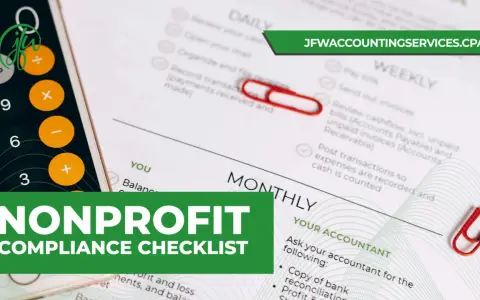 A calculator and a checklist for nonprofit compliance, featuring daily, weekly, and monthly tasks.