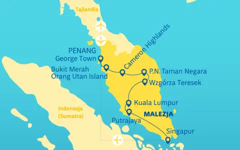 Mapa pokazuje trasę podróży przez Malezję, od Tajlandii po Singapur. Widać Penang, Kuala Lumpur i gdzie leży Singapur.