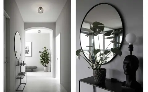 Snygg spegel hall inspiration med en stor rund spegel, en Monstera-växt och en unik lampa.