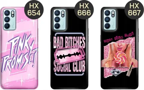 Trzy etui na telefon Oppo Reno 6 5G z różnymi wzorami: różowe z napisem "Pink Promise", czarne z napisem "Bad Bitches Social Club" i czarne z wizerunkiem dziewczyny i napisem "Boys like Toys".